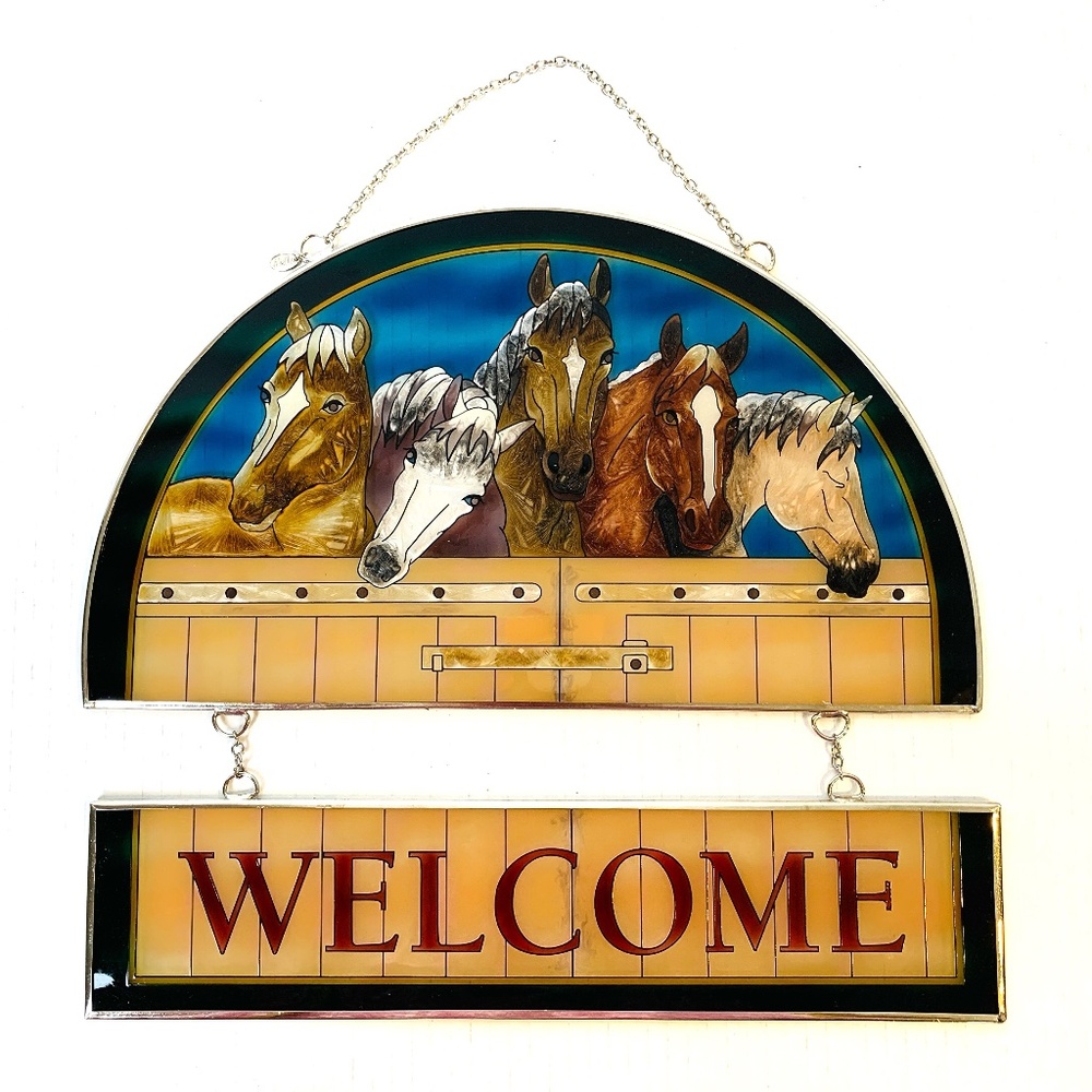 Amia Linda McFadden Sun Catcher Welcome Sign Horses Equestrian Stain Glass